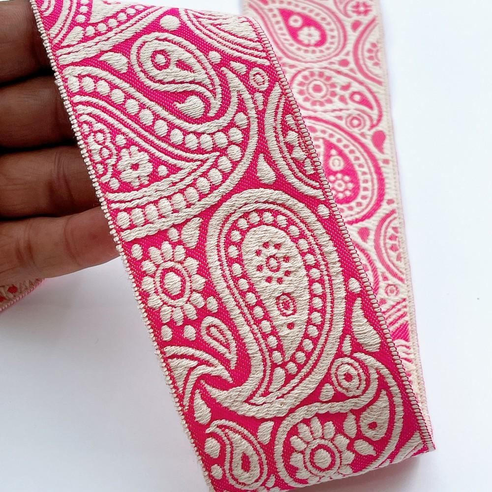 55mm Wide Traditional Paisley Motif Lace Border for Sewing, Garments, DIY Crafts & Home Decor, shown on white cotton