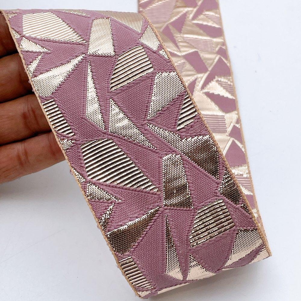 60mm Wide Colorful Geometric Mosaic Gota Work Jacquard Ribbon - Woven Border, shown on white cotton