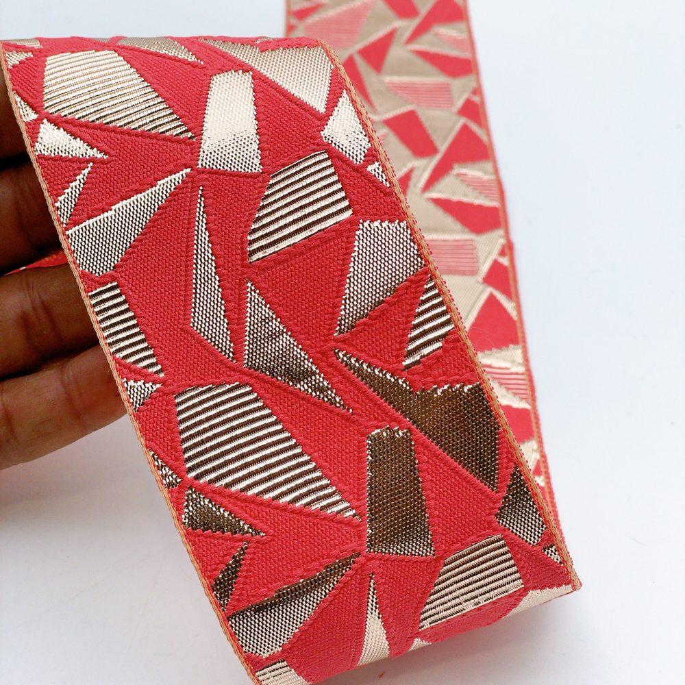 60mm Wide Colorful Geometric Mosaic Gota Work Jacquard Ribbon - Woven Border, shown on white cotton