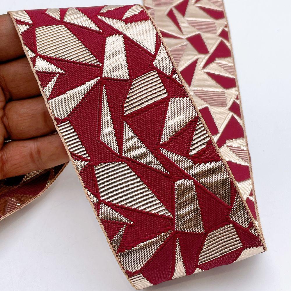 60mm Wide Colorful Geometric Mosaic Gota Work Jacquard Ribbon - Woven Border, shown on white cotton