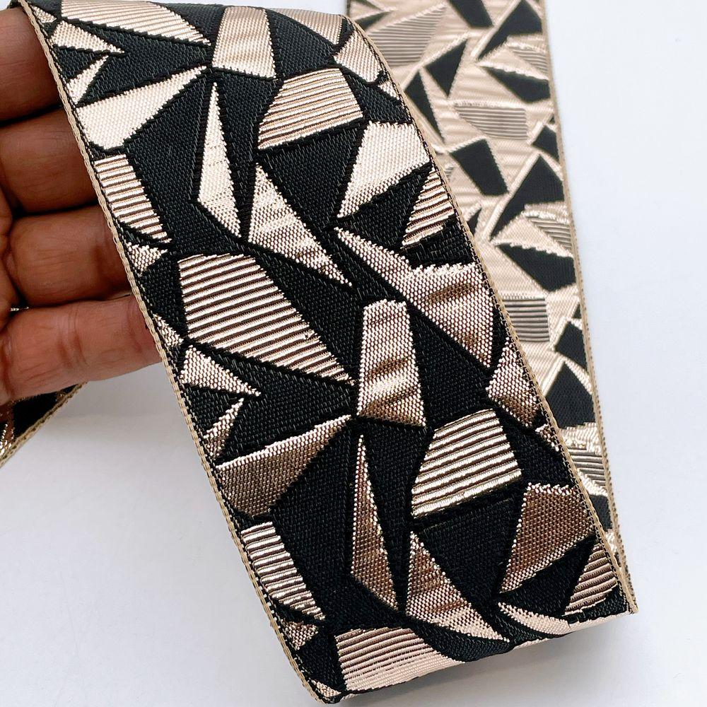 60mm Wide Colorful Geometric Mosaic Gota Work Jacquard Ribbon - Woven Border, shown on white cotton