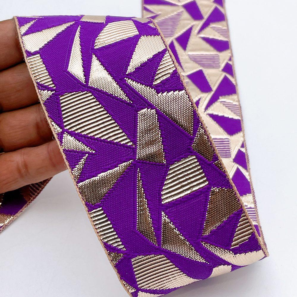 60mm Wide Colorful Geometric Mosaic Gota Work Jacquard Ribbon - Woven Border, shown on white cotton