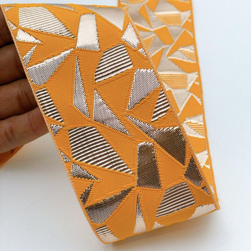 60mm Wide Colorful Geometric Mosaic Gota Work Jacquard Ribbon - Woven Border, shown on white cotton