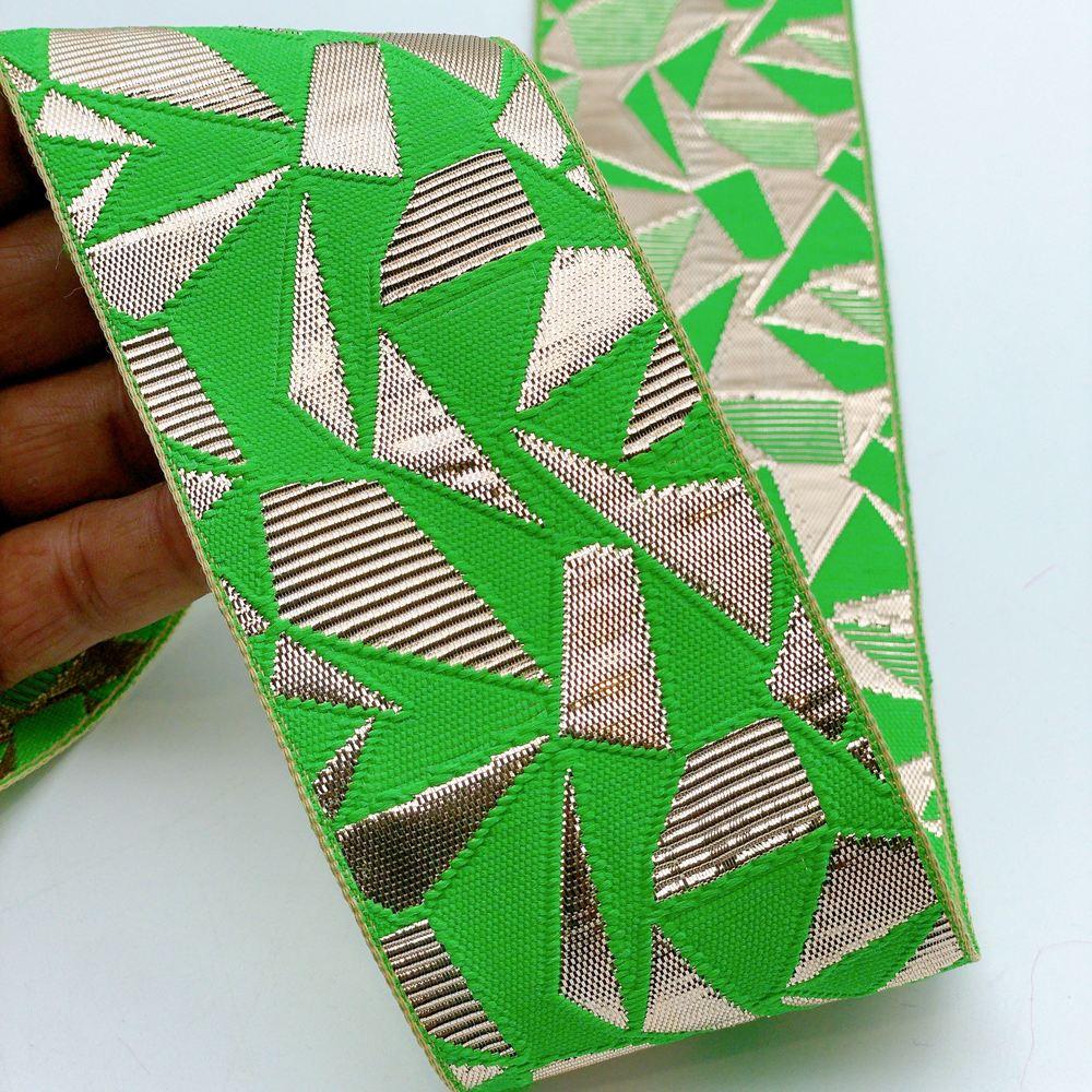 60mm Wide Colorful Geometric Mosaic Gota Work Jacquard Ribbon - Woven Border, shown on white cotton