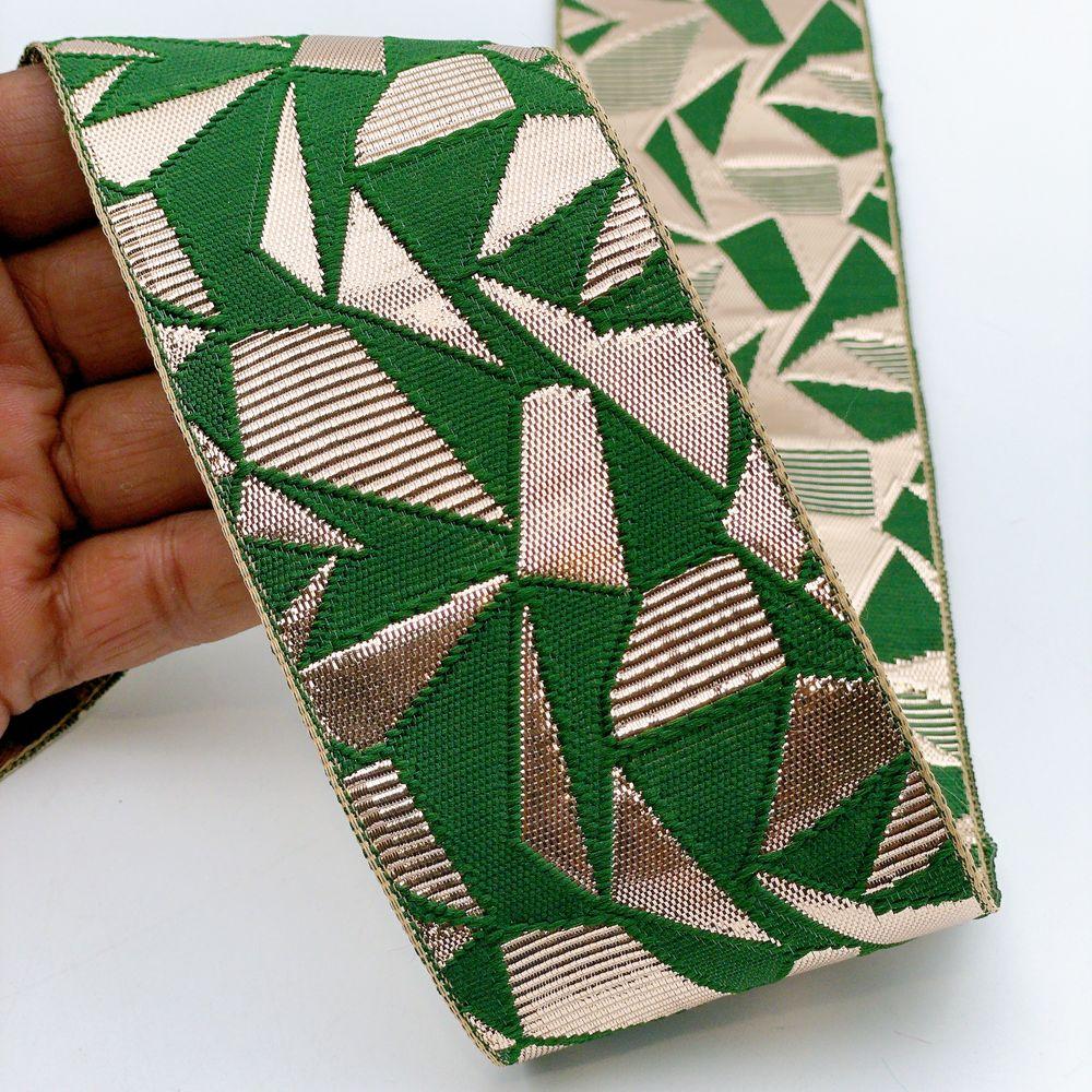 60mm Wide Colorful Geometric Mosaic Gota Work Jacquard Ribbon - Woven Border, shown on white cotton