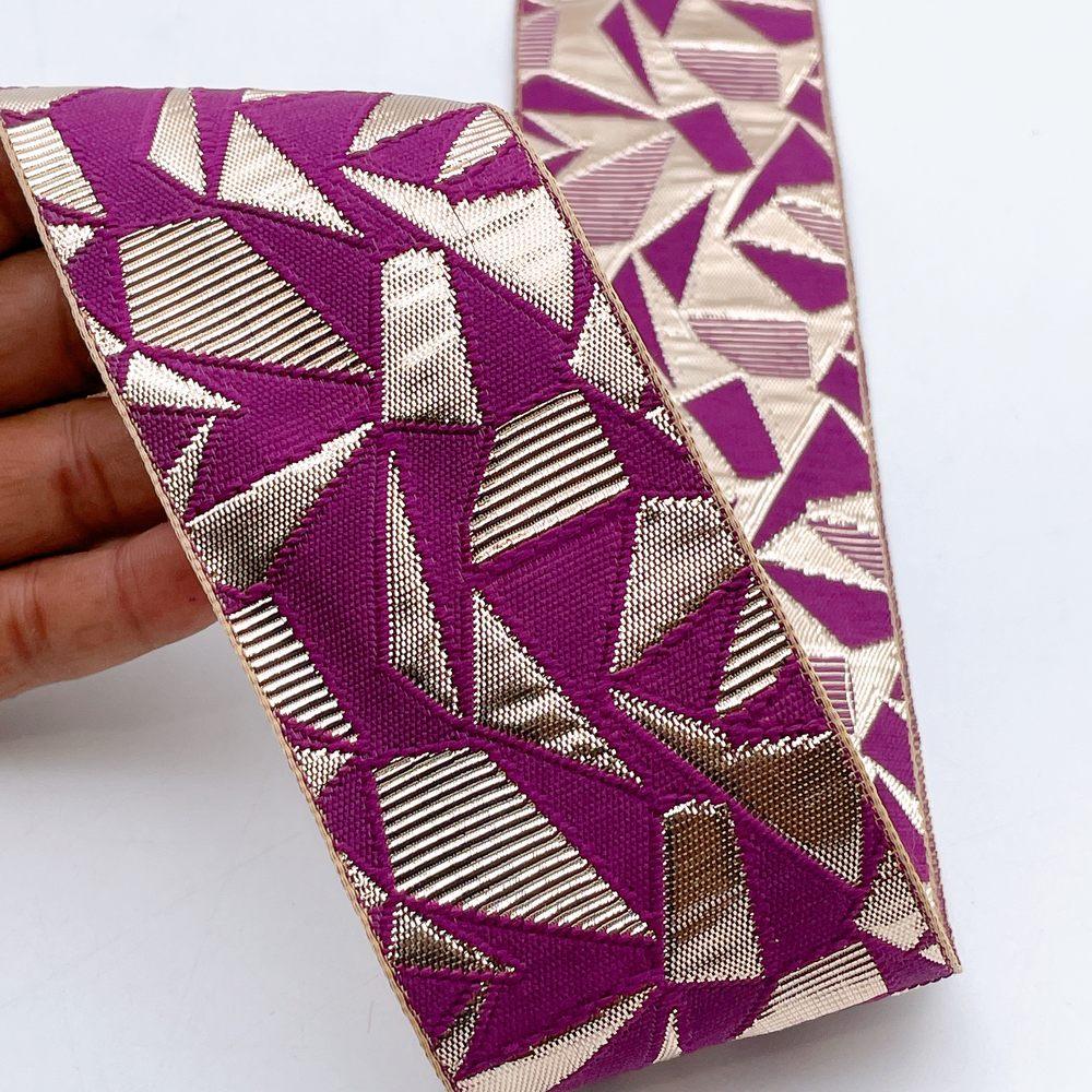 60mm Wide Colorful Geometric Mosaic Gota Work Jacquard Ribbon - Woven Border, shown on white cotton