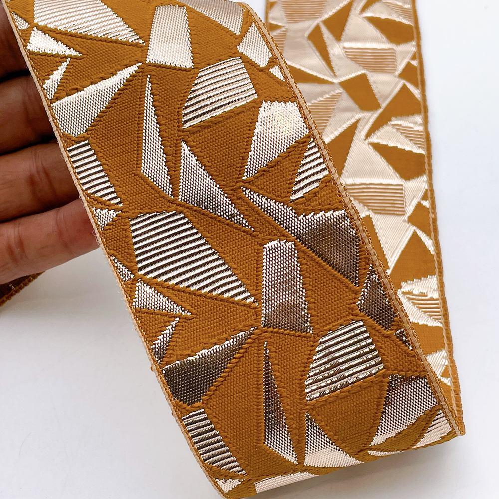 60mm Wide Colorful Geometric Mosaic Gota Work Jacquard Ribbon - Woven Border, shown on white cotton