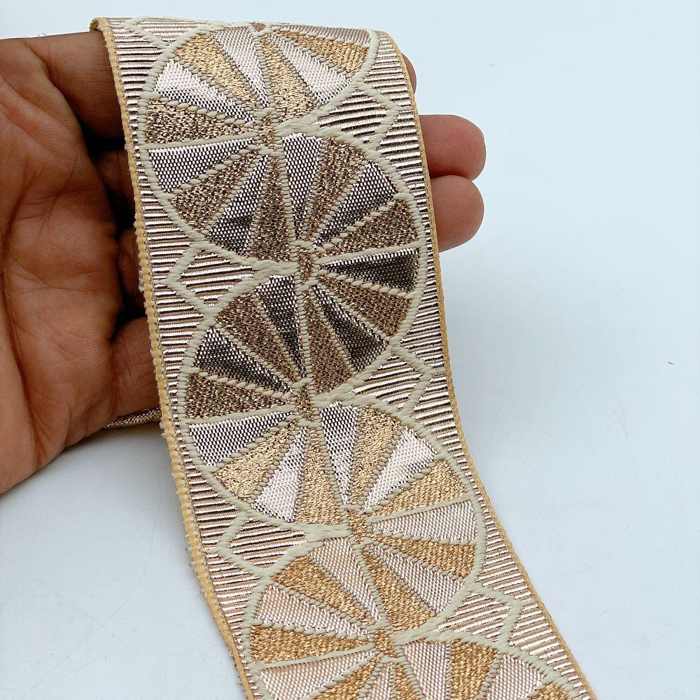60mm Wide Gota Work Jacquard Ribbon - Metallic Fan Motif Border Lace, shown on white cotton