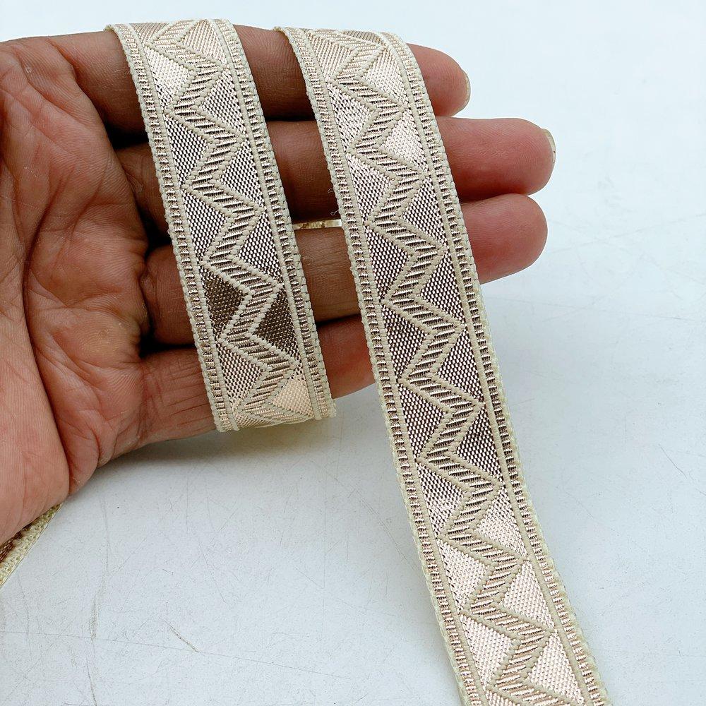 20mm Wide Gold Gota Work Jacquard Ribbon - Metallic Zigzag Border Lace, shown on white cotton