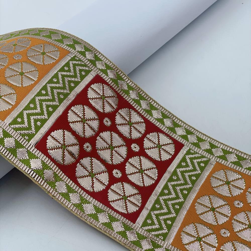 100mm Indian Gota Jacquard Ribbon Trim - Metallic Silver Woven Border for Saree, Lehenga, and Ethnic Wear, shown on white cotton