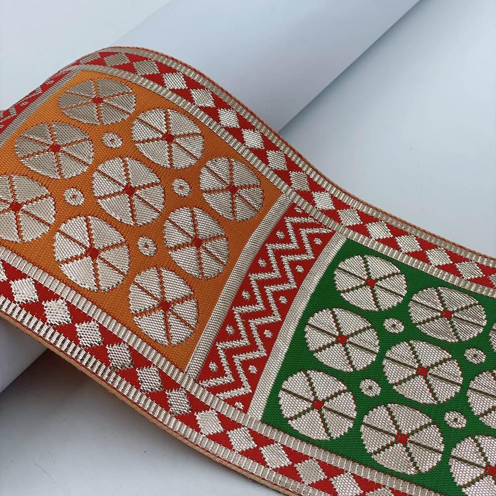 100mm Indian Gota Jacquard Ribbon Trim - Metallic Silver Woven Border for Saree, Lehenga, and Ethnic Wear, shown on white cotton