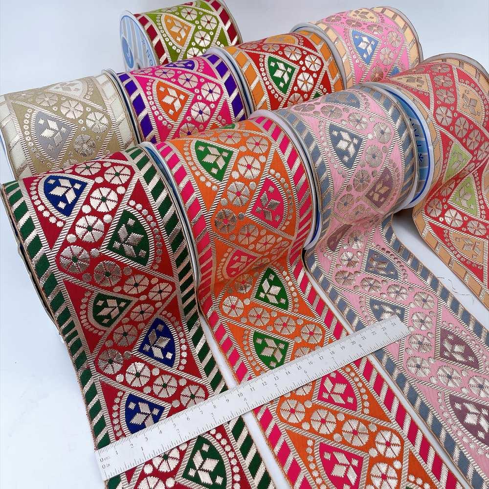 100mm Indian Gota Jacquard Ribbon Trim - Metallic Woven Tapestry Border for Ethnic Wear and Crafts, view 5