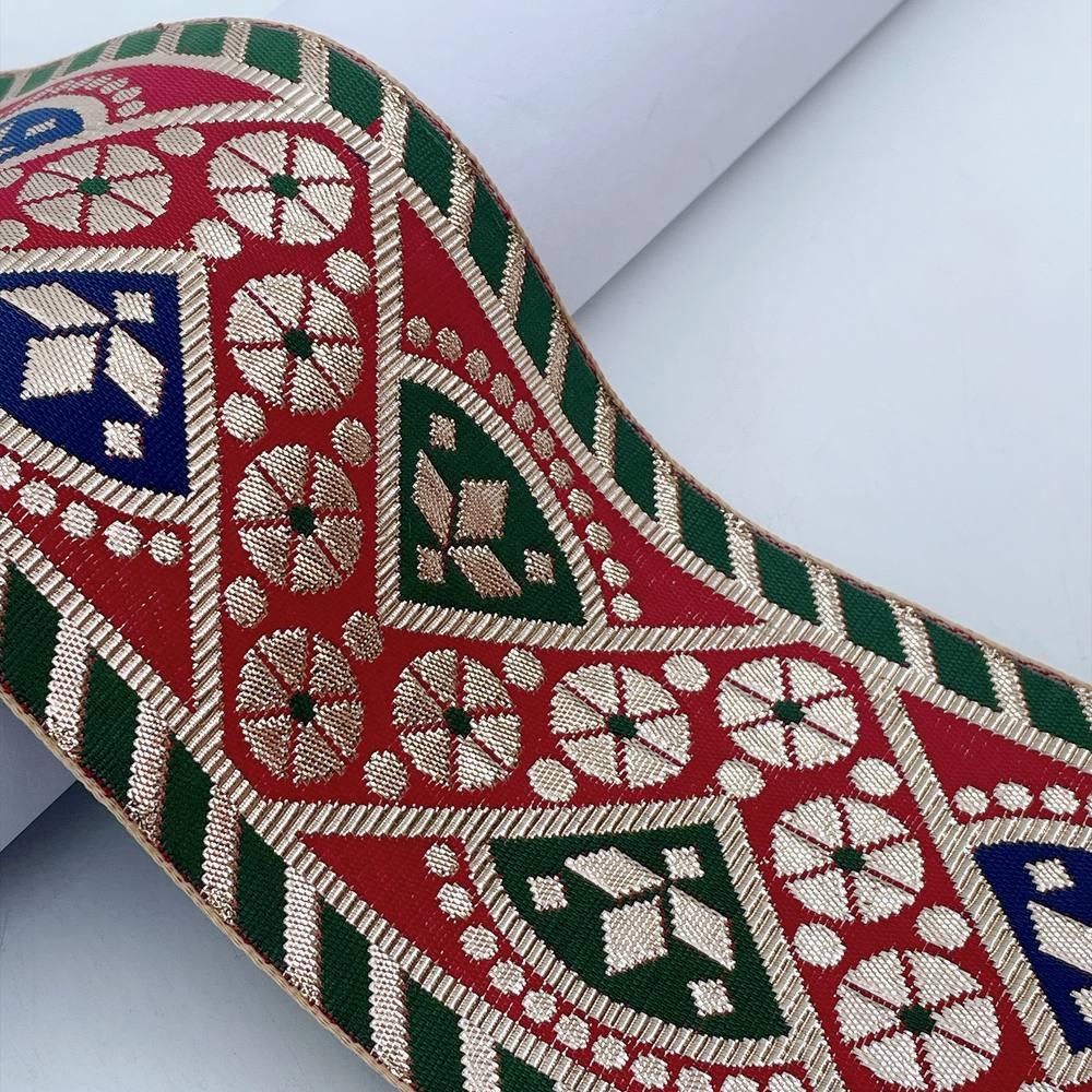 100mm Indian Gota Jacquard Ribbon Trim - Metallic Woven Tapestry Border for Ethnic Wear and Crafts, shown on white cotton