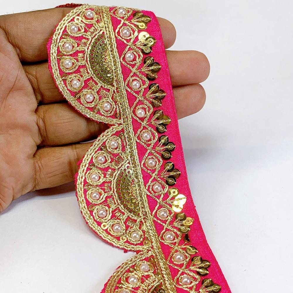 50mm Indian Bridal Scalloped Embroidery Lace - Pearl and Gold Sequin Trim for Sarees and Lehengas, shown on white cotton