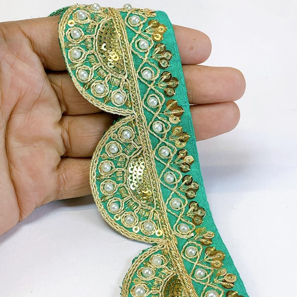 50mm Indian Bridal Scalloped Embroidery Lace - Pearl and Gold Sequin Trim for Sarees and Lehengas, shown on white cotton