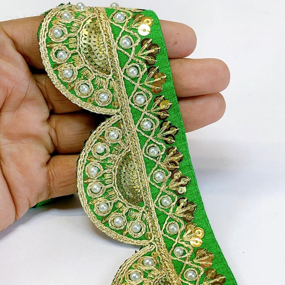 50mm Indian Bridal Scalloped Embroidery Lace - Pearl and Gold Sequin Trim for Sarees and Lehengas, shown on white cotton