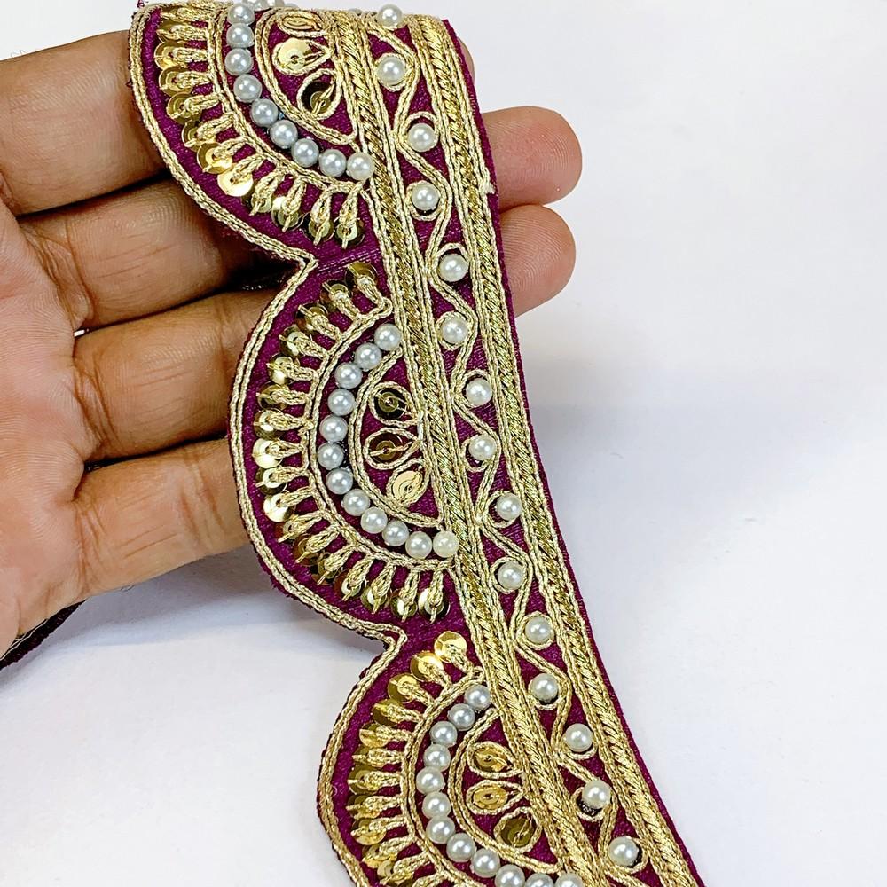 45mm Indian Bridal Lace Trim with Pearls and Sequins - Scalloped Embroidered Border for Sarees and Lehengas, shown on white cotton