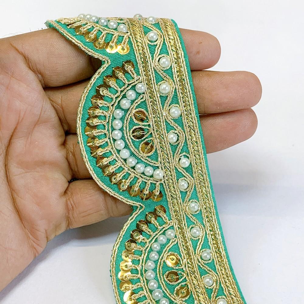 45mm Indian Bridal Lace Trim with Pearls and Sequins - Scalloped Embroidered Border for Sarees and Lehengas, shown on white cotton