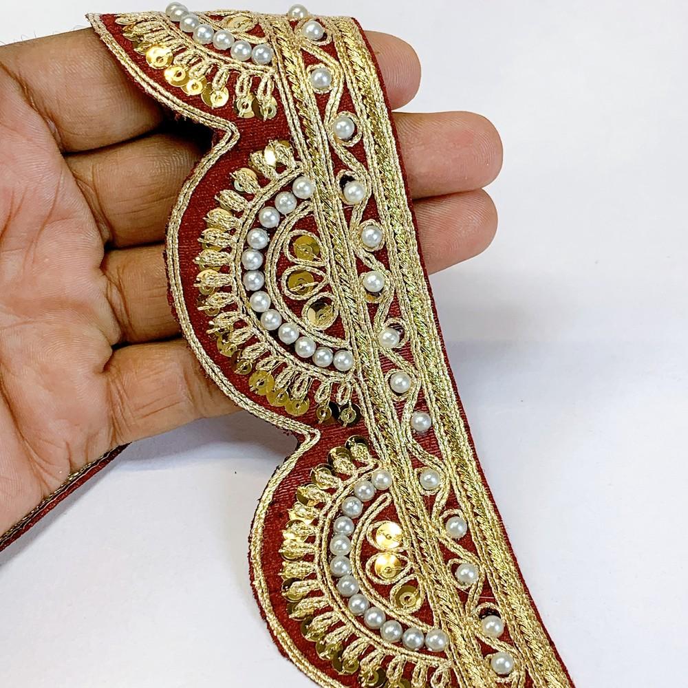 45mm Indian Bridal Lace Trim with Pearls and Sequins - Scalloped Embroidered Border for Sarees and Lehengas, shown on white cotton
