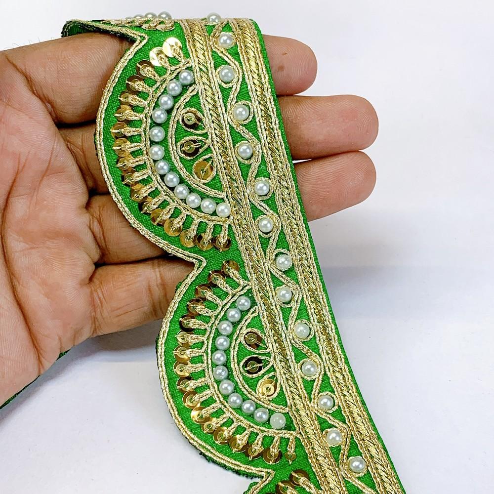 45mm Indian Bridal Lace Trim with Pearls and Sequins - Scalloped Embroidered Border for Sarees and Lehengas, shown on white cotton