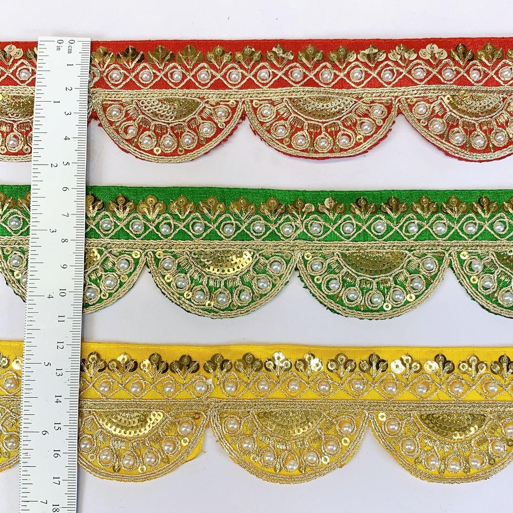 50mm Indian Bridal Scalloped Embroidery Lace - Pearl and Gold Sequin Trim for Sarees and Lehengas, view 1