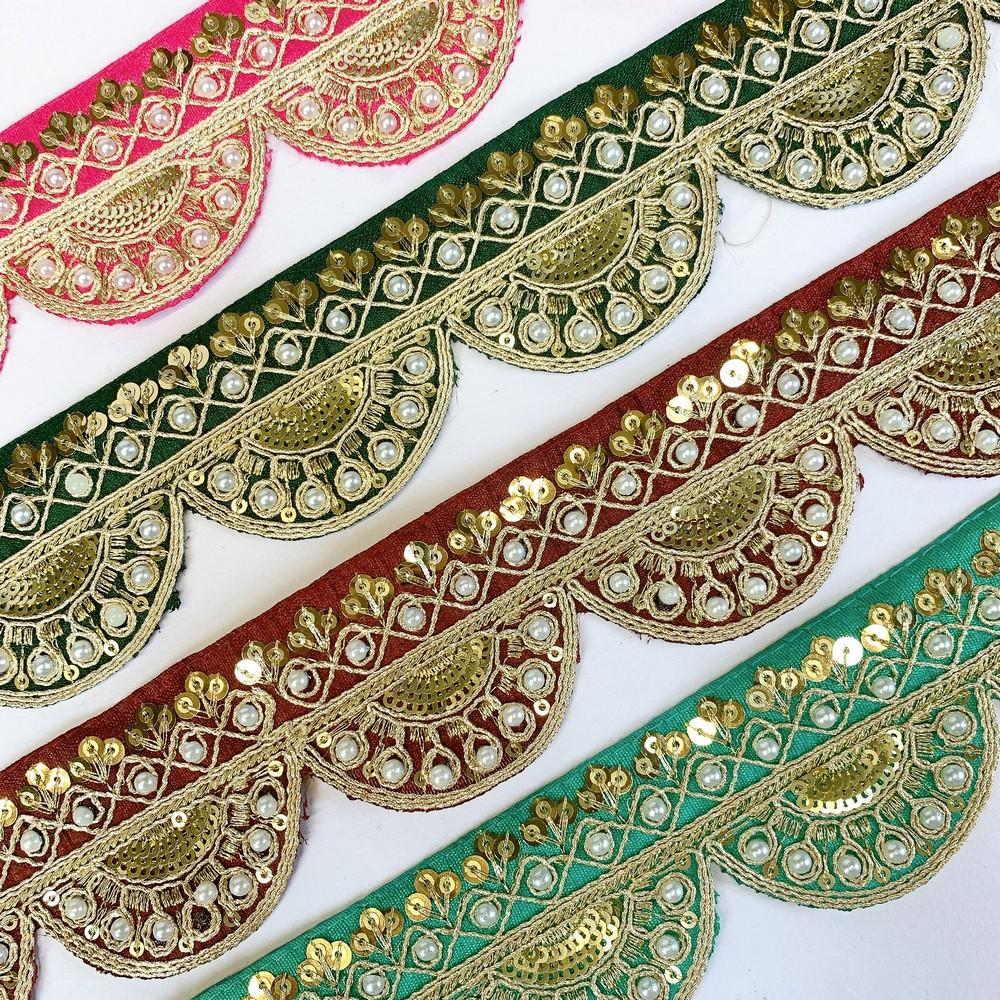50mm Indian Bridal Scalloped Embroidery Lace - Pearl and Gold Sequin Trim for Sarees and Lehengas, view 2