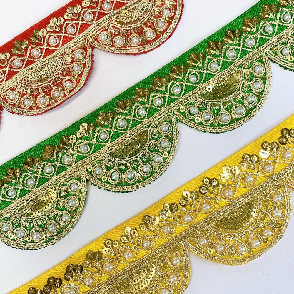 50mm Indian Bridal Scalloped Embroidery Lace - Pearl and Gold Sequin Trim for Sarees and Lehengas, view 3