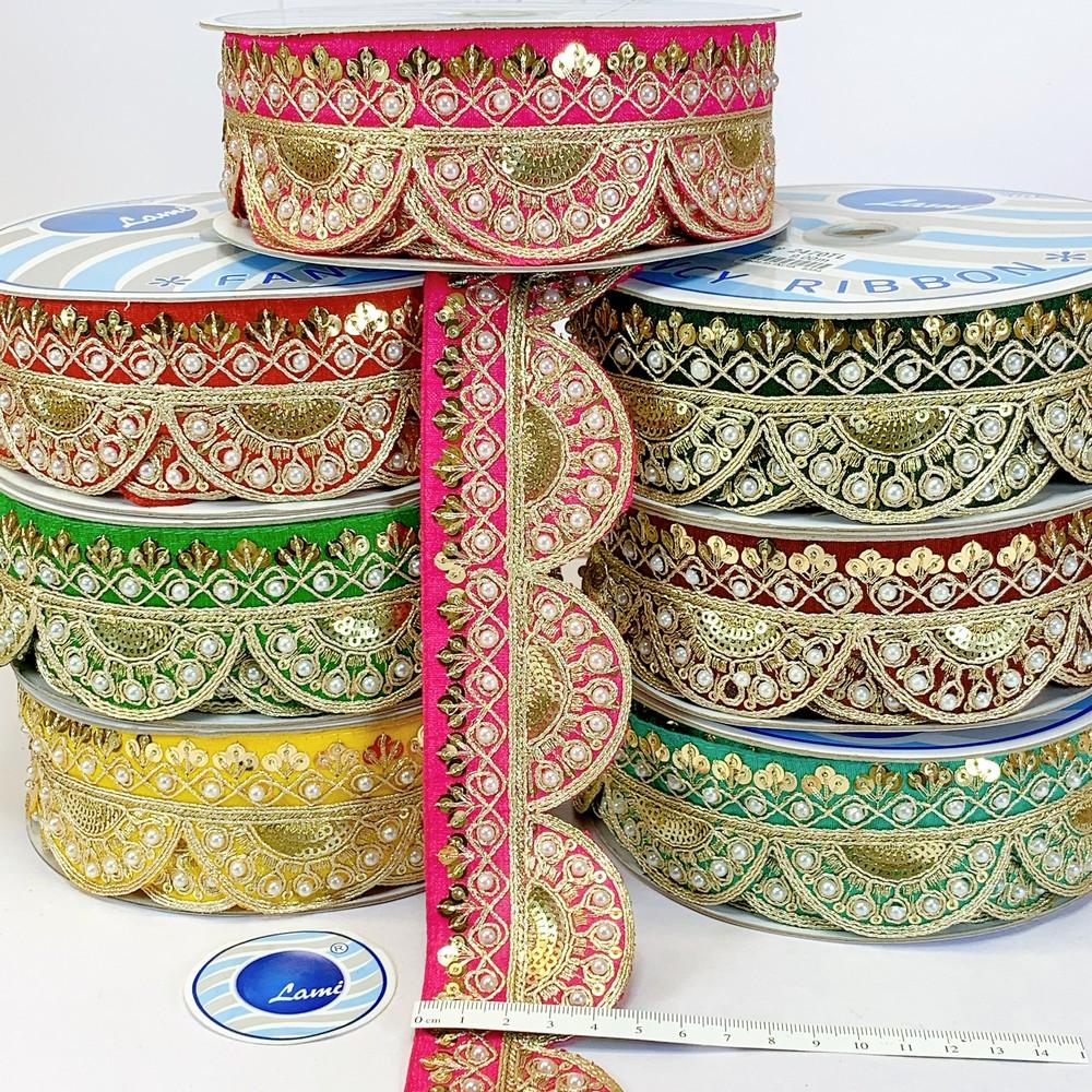 50mm Indian Bridal Scalloped Embroidery Lace - Pearl and Gold Sequin Trim for Sarees and Lehengas, view 4