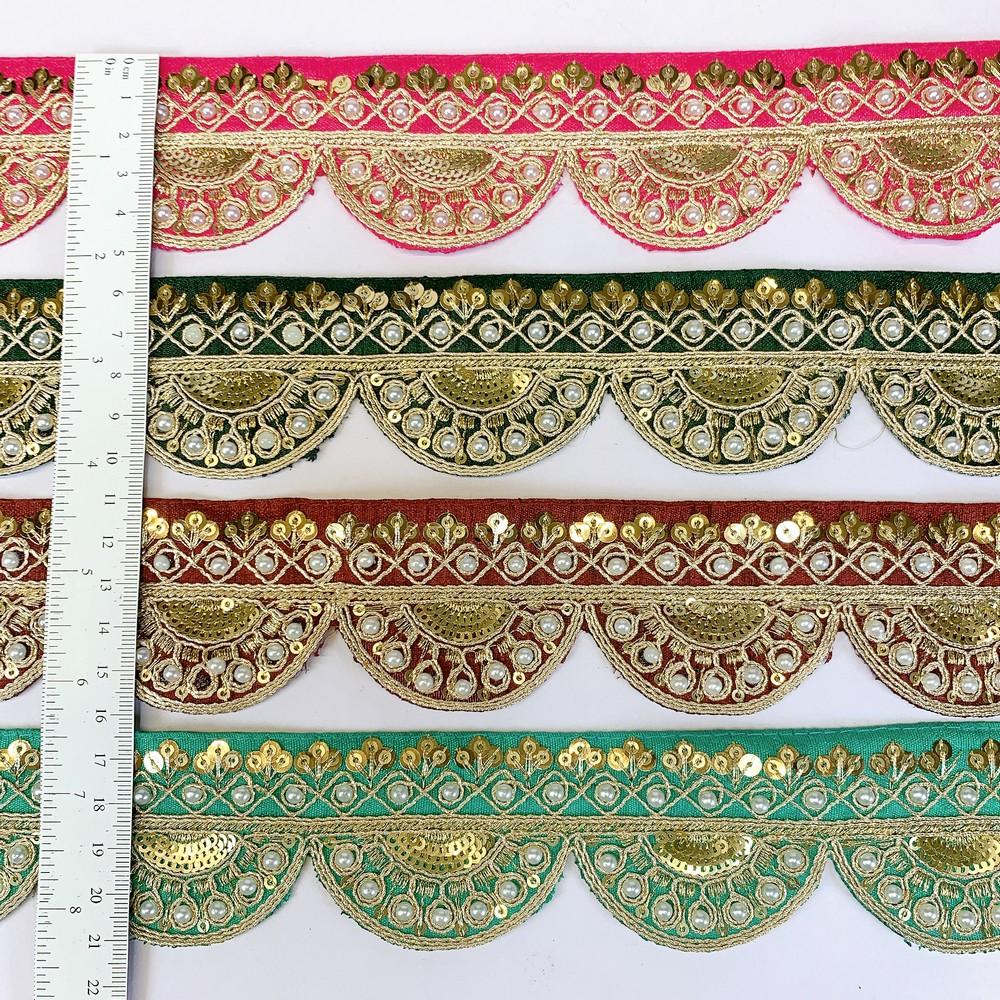 50mm Indian Bridal Scalloped Embroidery Lace - Pearl and Gold Sequin Trim for Sarees and Lehengas, view 5