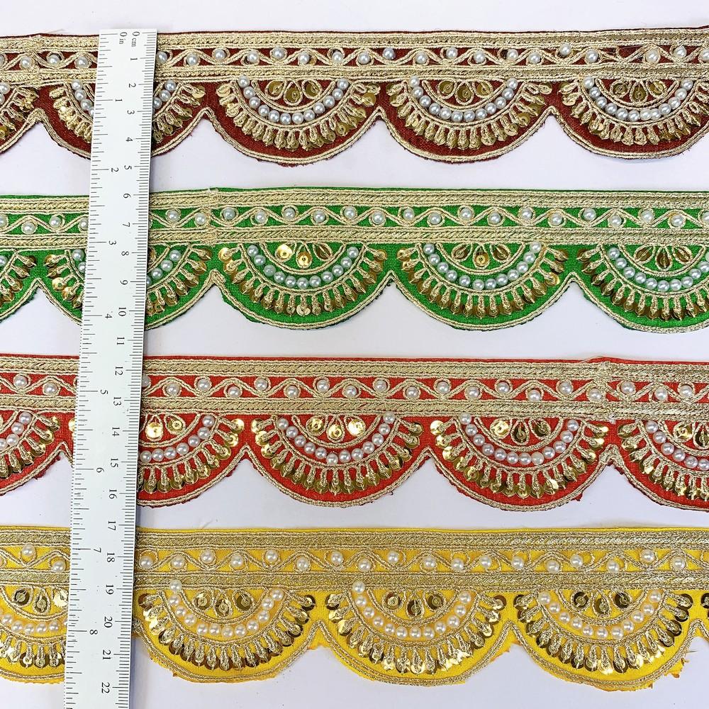 45mm Indian Bridal Lace Trim with Pearls and Sequins - Scalloped Embroidered Border for Sarees and Lehengas, view 1
