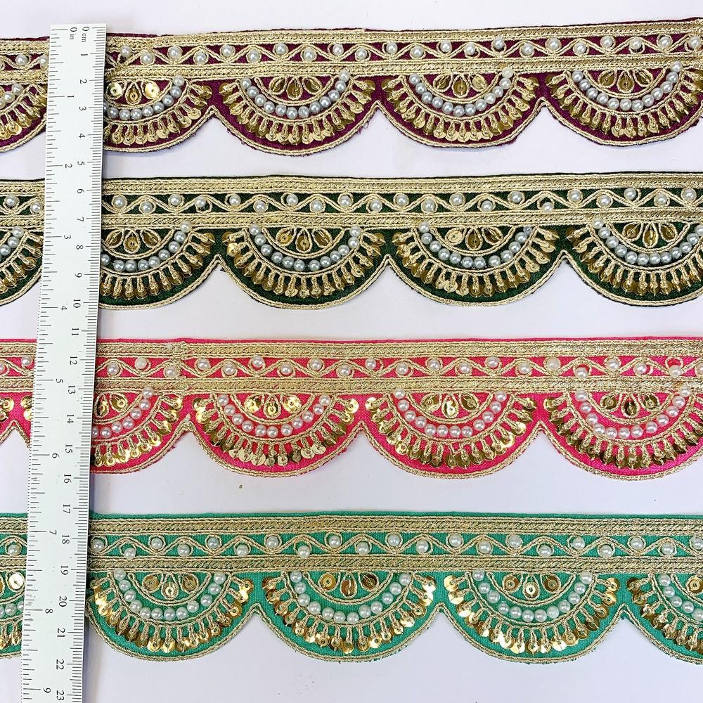 45mm Indian Bridal Lace Trim with Pearls and Sequins - Scalloped Embroidered Border for Sarees and Lehengas, view 2