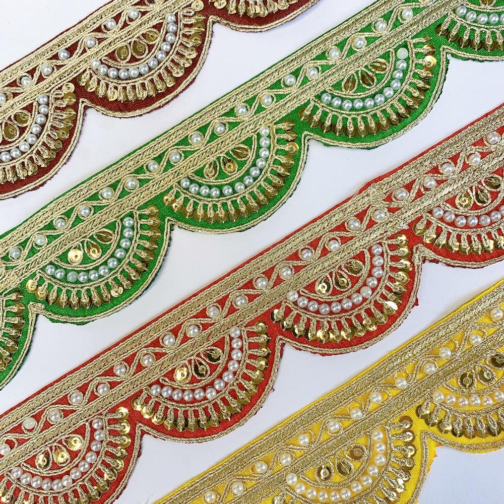 45mm Indian Bridal Lace Trim with Pearls and Sequins - Scalloped Embroidered Border for Sarees and Lehengas, view 3