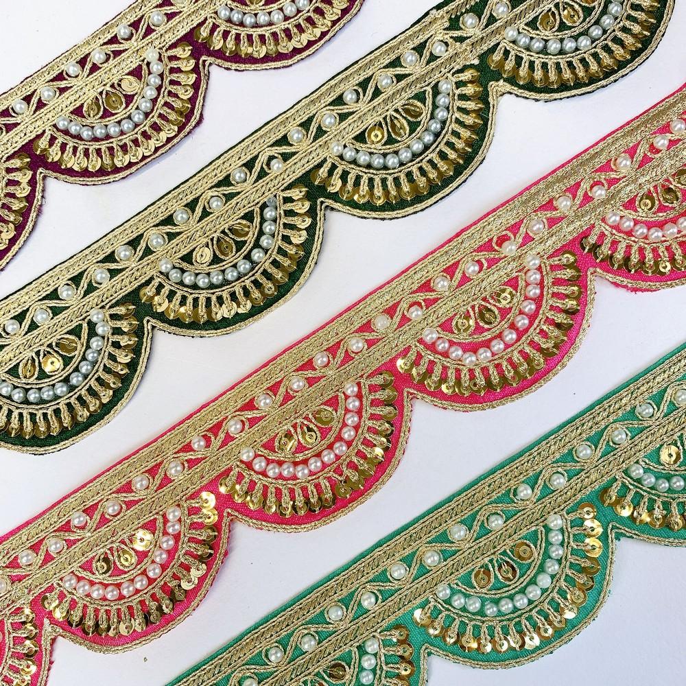 45mm Indian Bridal Lace Trim with Pearls and Sequins - Scalloped Embroidered Border for Sarees and Lehengas, view 4