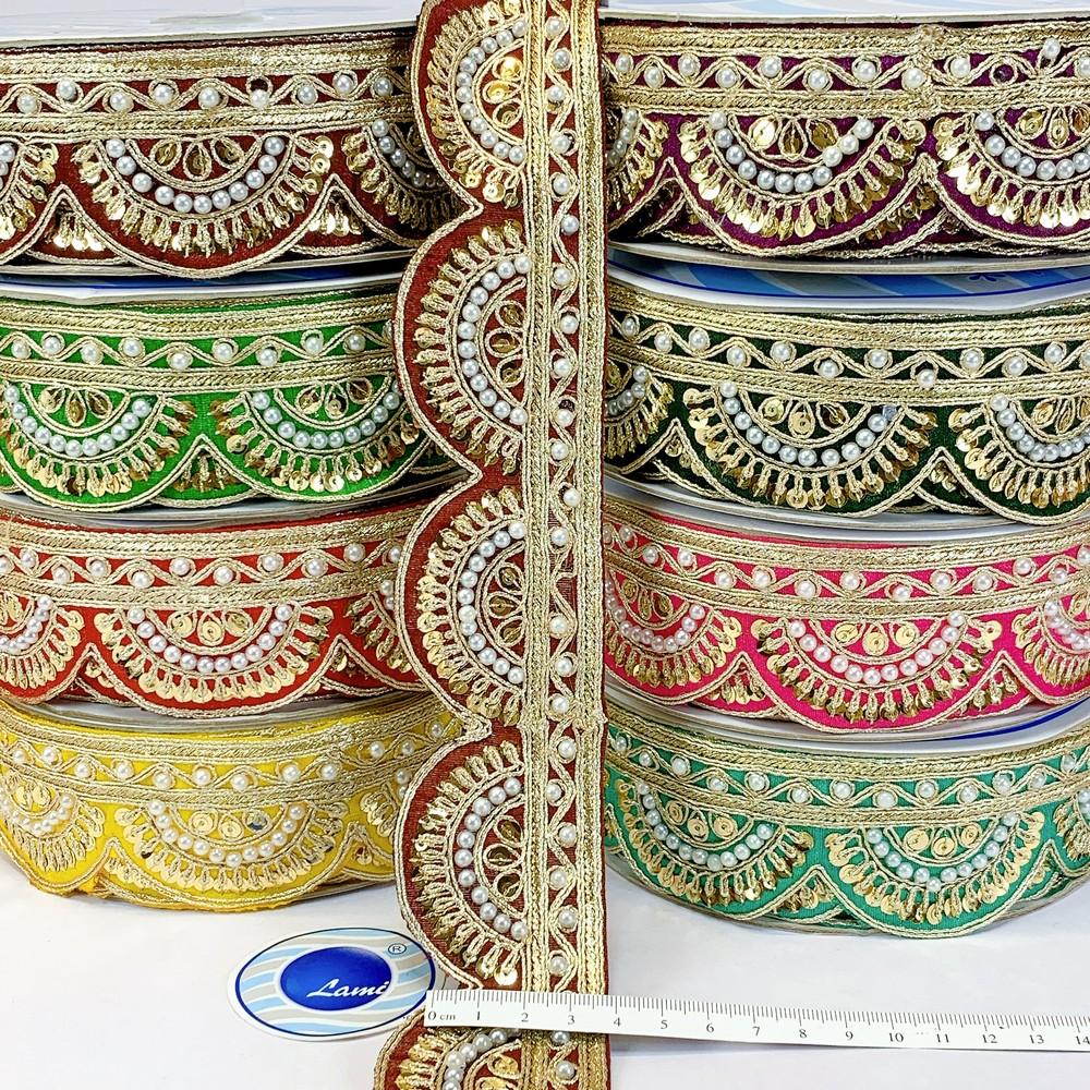 45mm Indian Bridal Lace Trim with Pearls and Sequins - Scalloped Embroidered Border for Sarees and Lehengas, view 5