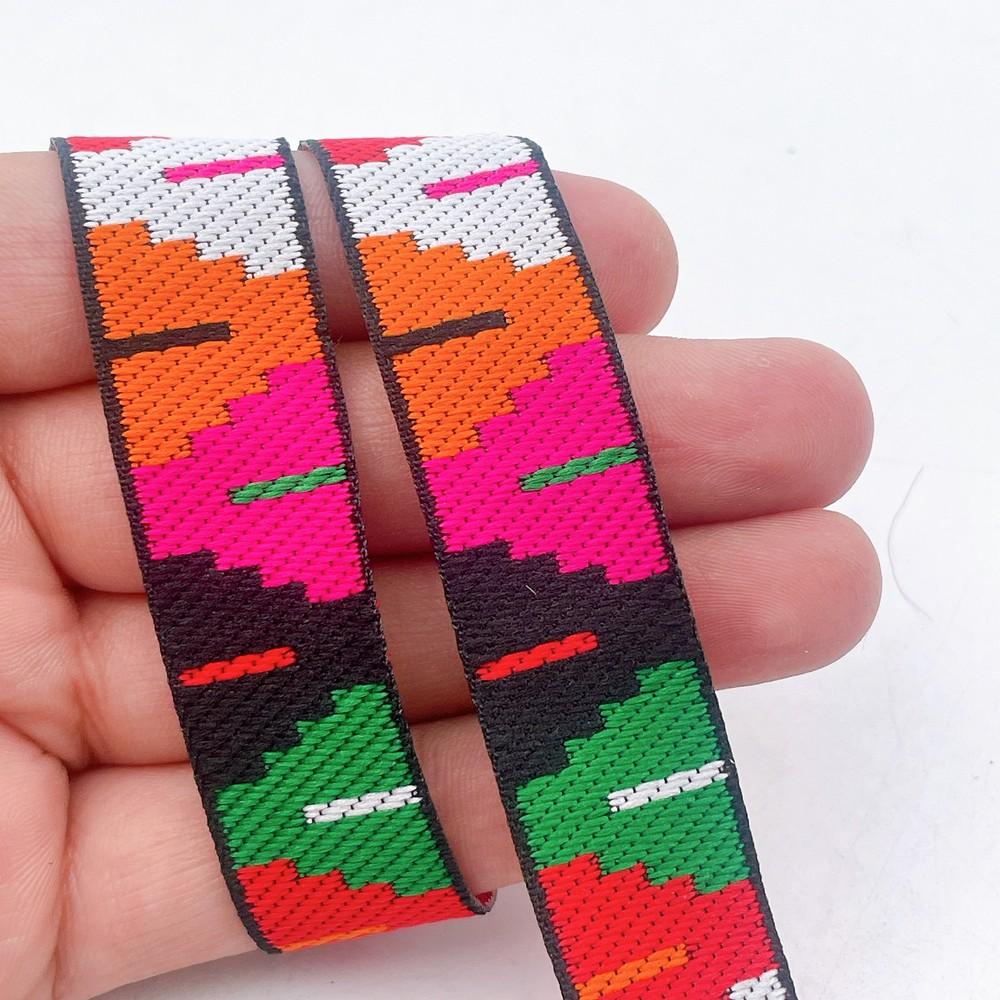 20mm Traditional Kullu Patti Jacquard Ribbon Trim - Woven Tribal Border for Ethnic Wear and Saree Edging, shown on white cotton