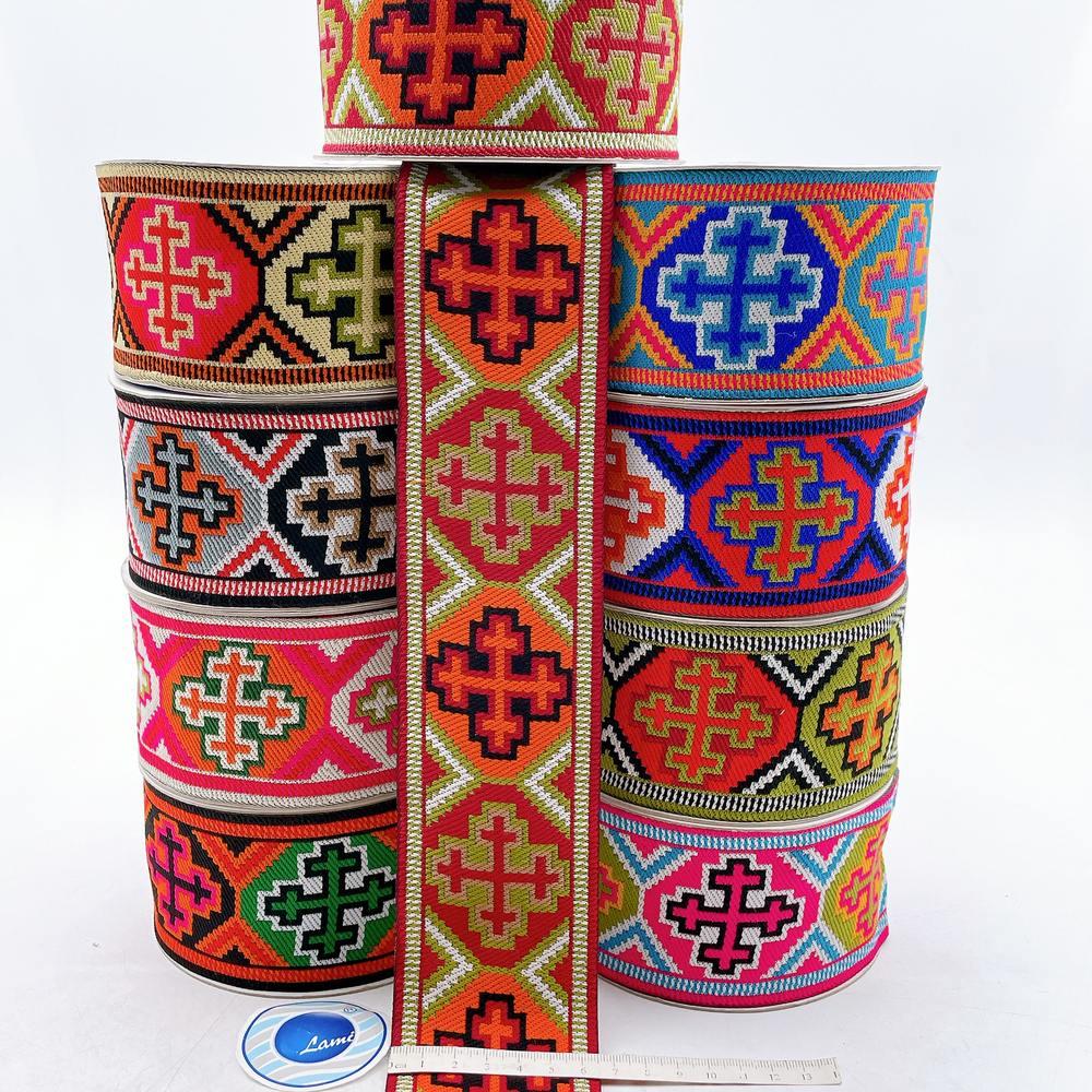 65mm Wide Tribal Jacquard Ribbon Trim - Colorful Geometric Tapestry Border for Bag Straps and Apparel, view 1