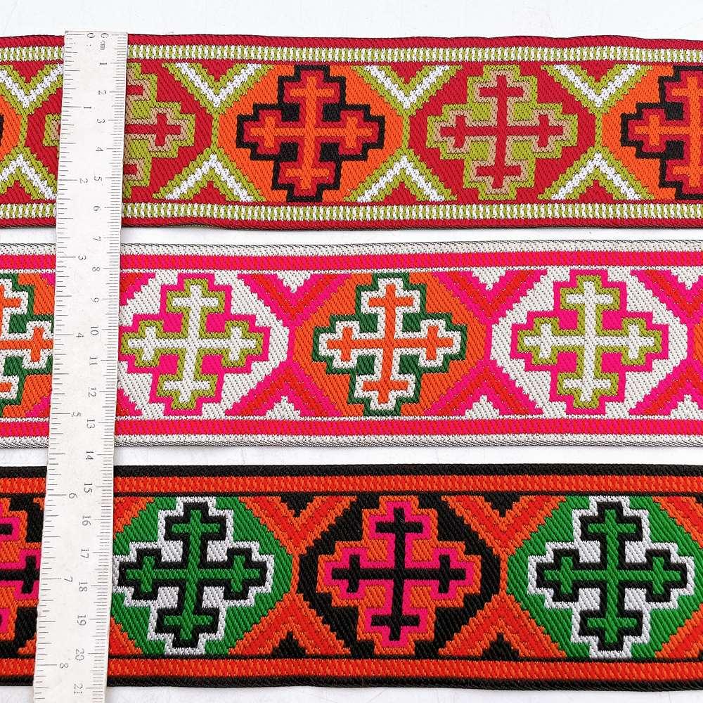 65mm Wide Tribal Jacquard Ribbon Trim - Colorful Geometric Tapestry Border for Bag Straps and Apparel, view 2