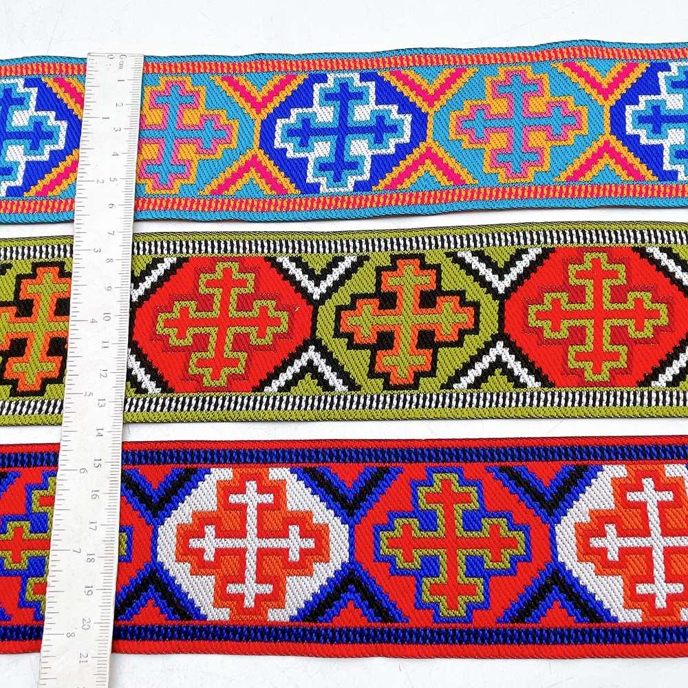 65mm Wide Tribal Jacquard Ribbon Trim - Colorful Geometric Tapestry Border for Bag Straps and Apparel, view 3