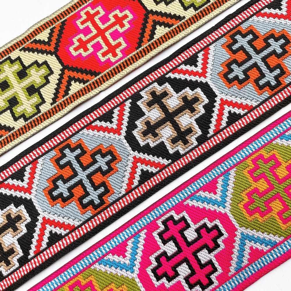 65mm Wide Tribal Jacquard Ribbon Trim - Colorful Geometric Tapestry Border for Bag Straps and Apparel, view 6
