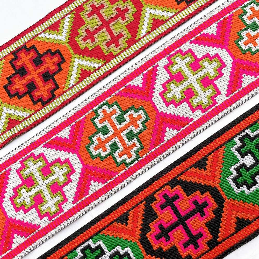 65mm Wide Tribal Jacquard Ribbon Trim - Colorful Geometric Tapestry Border for Bag Straps and Apparel, view 7