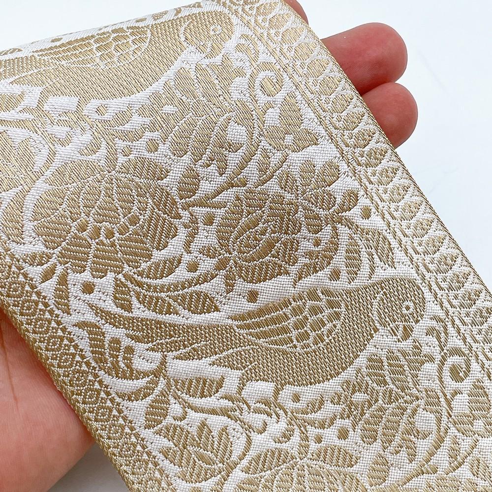 95mm Viscose Dyeable Jacquard Ribbon Trim - Customizable Woven Border for Sarees, Lehengas, and Ethnic Wear, shown on white cotton