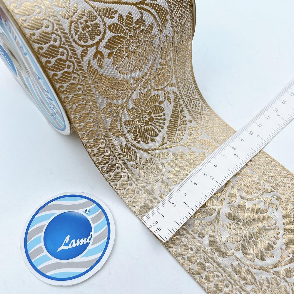 95mm Wide Viscose Dyeable Jacquard Ribbon Trim - Customizable Floral Border for Sarees and Ethnic Wear, shown on white cotton