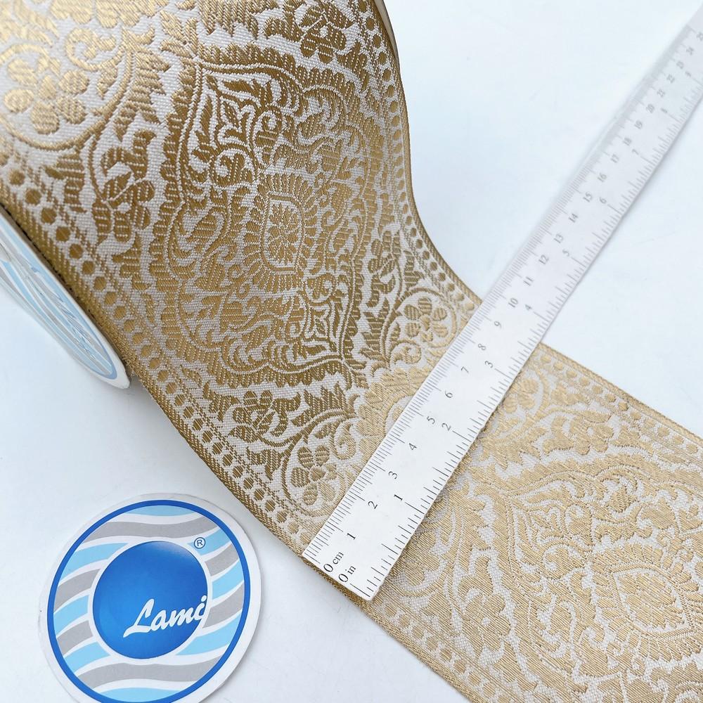 95mm Large Traditional Motif Dyeable Lace Tape - Ready-to-Dye Woven Trim for Sarees and Lehengas, shown on white cotton