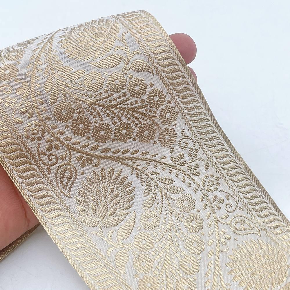 95mm Viscose Dyeable Jacquard Ribbon Trim - Customizable Wavy Floral Border for Ethnic Wear, shown on white cotton