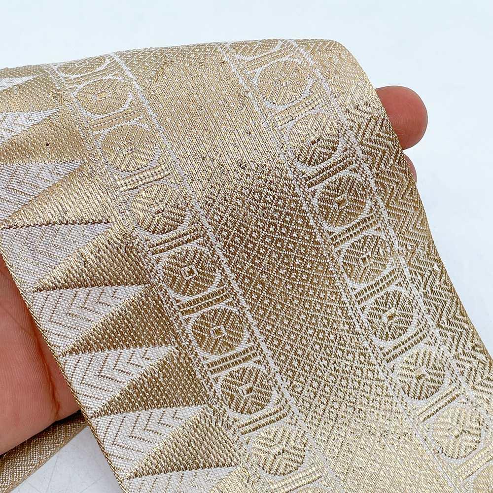 95mm Viscose Dyeable Jacquard Ribbon Trim - Customizable Geometric Border for Ethnic Wear, shown on white cotton
