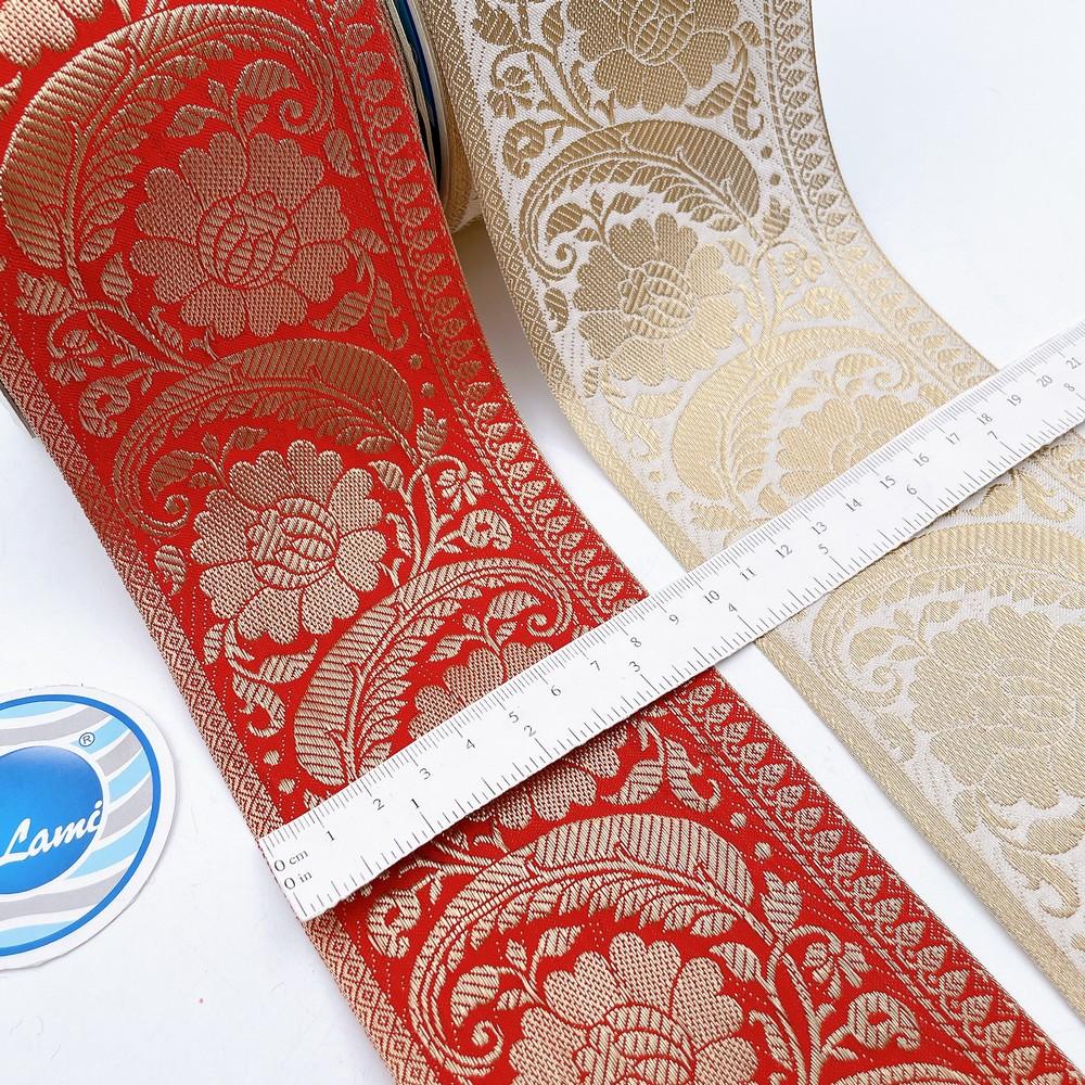95mm Viscose Dyeable Jacquard Ribbon Trim - Customizable Woven Floral Border for Ethnic Wear, view 1