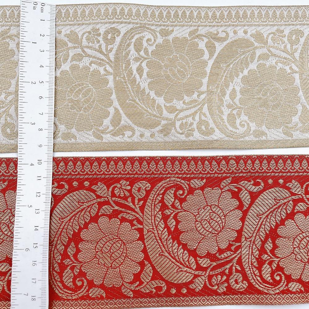 95mm Viscose Dyeable Jacquard Ribbon Trim - Customizable Woven Floral Border for Ethnic Wear, view 3