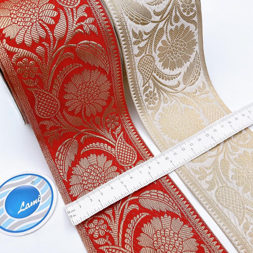 95mm Wide Floral Motif Dyeable Lace Tape - Ready-to-Dye Zari Trim for Sarees and Lehengas, view 1