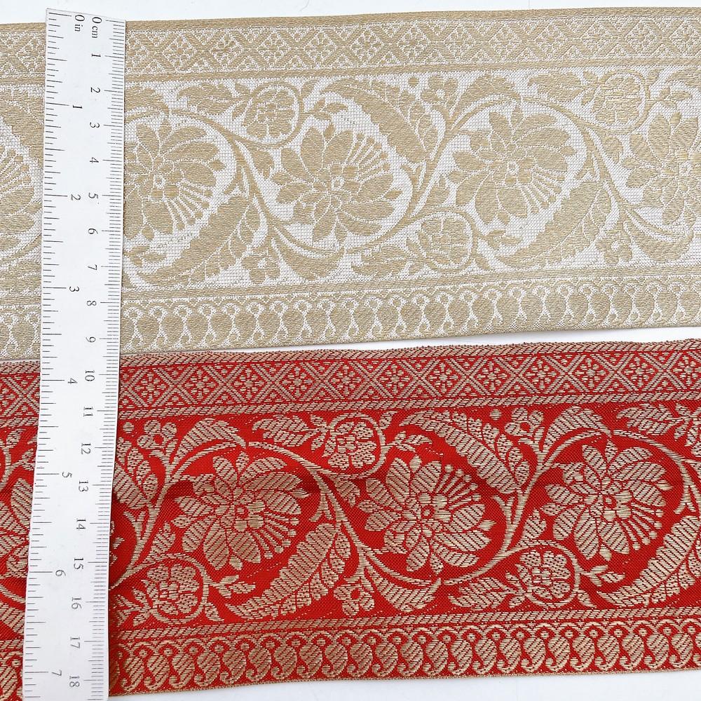 95mm Wide Viscose Dyeable Jacquard Ribbon Trim - Customizable Floral Border for Sarees and Ethnic Wear, view 2