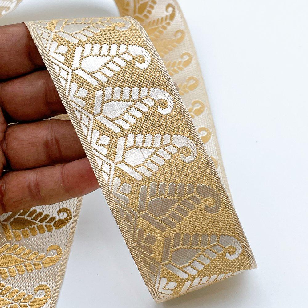 40mm Dyeable Jacquard Ribbon Trim - Woven Paisley Border for Ethnic Wear, shown on white cotton